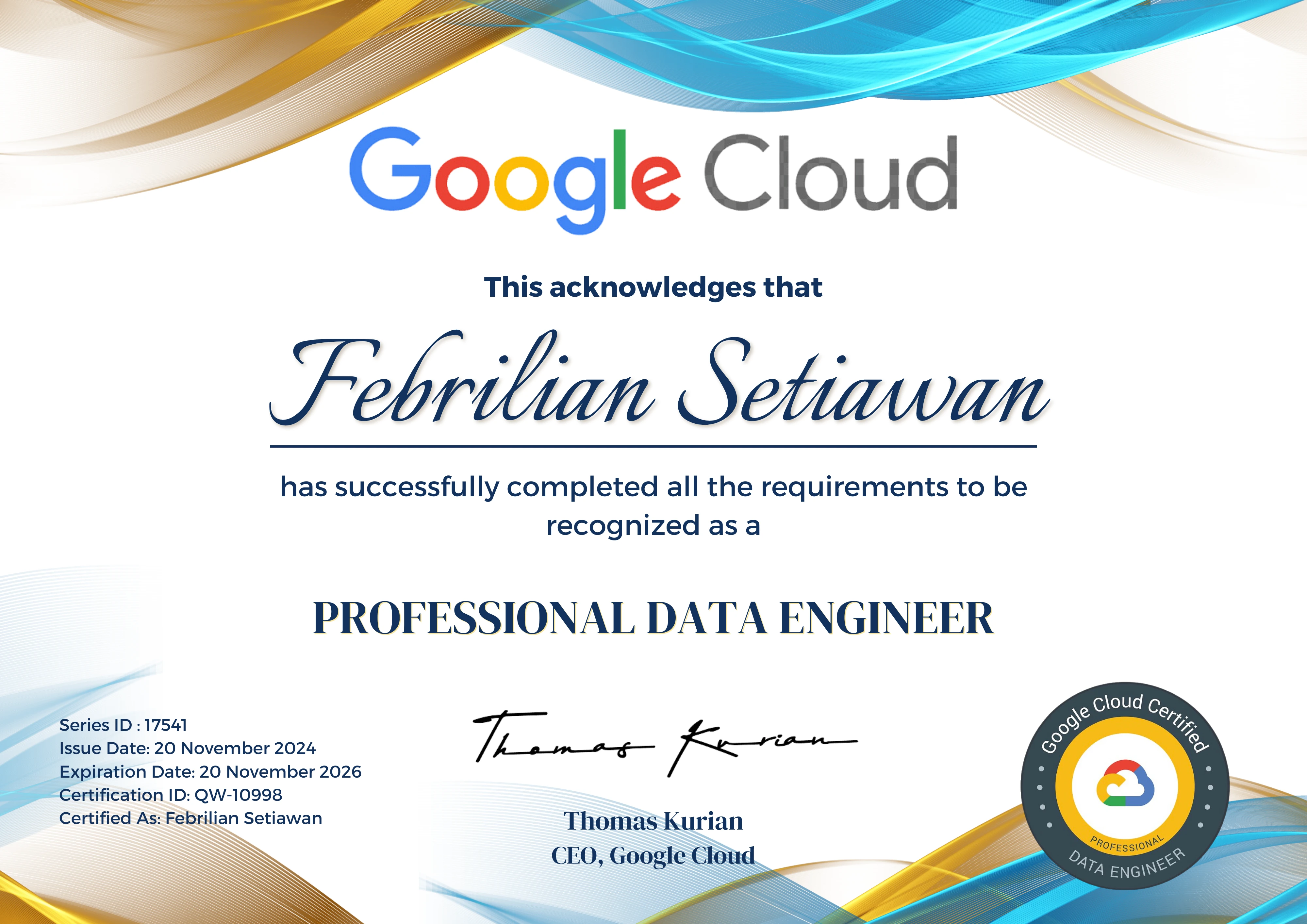 Google Cloud Professional Data Engineer certificate